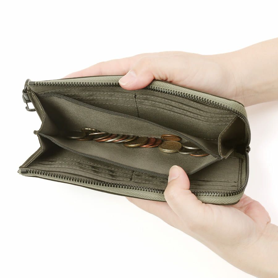 MOUSTACHE カラビナ付きL字ファスナー長財布 撥水ポリエステル×牛革 KXX-4423