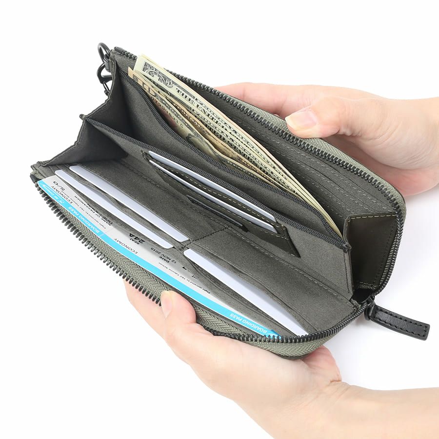 MOUSTACHE カラビナ付きL字ファスナー長財布 撥水ポリエステル×牛革 KXX-4423